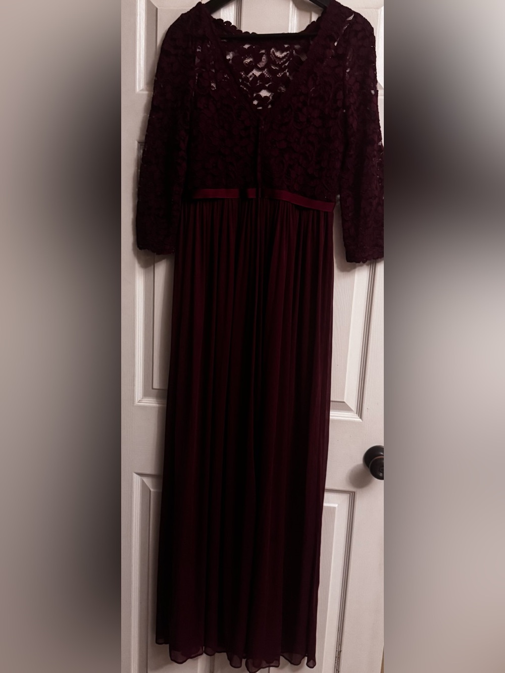 David's Bridal Burgundy Lace & Chiffon Long Sleeve Evening Gown - Picture 2 of 6